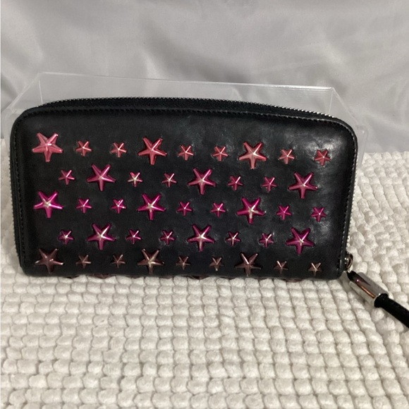 Jimmy Choo RARE Pink Star Studded Long Zippy Black Leather Wallet Clutch - Picture 4 of 15